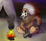 4_toes 5_fingers anthro bone bottomwear brown_bottomwear brown_clothing brown_pants brown_shirt brown_topwear campfire clothed clothing fangs feathers feet fingers fur green_eyes grey_body grey_fur head_dress male multicolored_body native_american native_american_clothing pants purple_sky shirt skull skull_head sky smoke solo teepee teeth teeth_showing toes topwear twilight two_tone_body wood crystals_draw american_mythology indigenous_north_american_mythology mythology north_american_mythology kelkuan cryptid monster wendigo hi_res