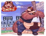 anthro baseball_(sport) baseball_bat bat_(object) belly brown_body brown_fur brown_hair burping chain clothing detailed_background fangs fur hair hat headgear headwear horn jacket jewelry male necklace overweight pubes sport tail teeth topwear kofu_grizzly_chubby mythology gabe_nephalem kofu_(character) dragon mythological_creature mythological_scalie reptile scalie hi_res