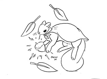 acorn ambiguous_gender cloak clothing feral food fruit fuzzy_tail leaf levitation magic magic_user nut_(fruit) plant solo toony whiskers phano mammal rodent sciurid tree_squirrel hi_res monochrome