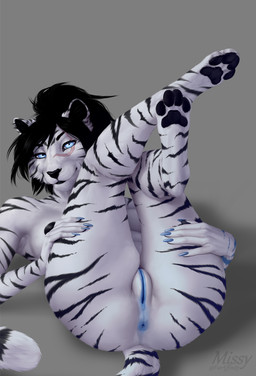 4_toes 5_fingers anthro anus biped black_hair black_nipples black_nose black_pawpads blue_anus blue_eyes blue_vulva breasts butt digitigrade feet female fingers fur genitals hair hand_on_leg hand_on_thigh legs_up leucistic looking_at_viewer nipples nude pawpads presenting presenting_hindquarters solo striped_body striped_fur stripes toes vulva missy_(artist) mila_(mrtweek) felid mammal pantherine tiger 2015 digital_media_(artwork) hi_res shaded