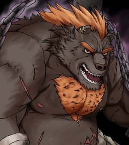 angry anthro belly body_hair bound brown_body brown_fur chain chained chest_hair ear_piercing ear_ring fur hair male musclegut muscular muscular_anthro muscular_male orange_hair piercing red_hair ring_piercing scar slightly_chubby solo siroihigenokoi lifewonders tokyo_afterschool_summoners barguest_(tas) bear mammal 2020 hi_res