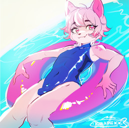 5_fingers anthro bulge closed_smile clothing cute_fangs detailed_background dipstick_ears ear_markings eyelashes fangs femboy fingers fur fur_markings hair inflatable inner_tube male markings mouth_closed multicolored_ears navel one-piece_swimsuit pink_body pink_eyes pink_fur pink_hair pink_inner_ear smile solo swimwear teeth text water white_text krapekk 2025 artist_name hi_res