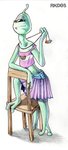 1_eye 2_toes 3_fingers 3_legs antennae_(anatomy) blue_eyes bottomwear chair clothed clothing crossdressing eyelashes feet femboy fingers furniture green_body green_skin jewelry looking_at_viewer midriff necklace ring simple_background skirt solo toes white_background earthenwing disney lilo_and_stitch wendy_pleakley alien plorgonarian 2007 traditional_media_(artwork)