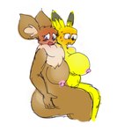 2_heads anthro big_breasts blush breasts conjoined duo female multi_head nervous nipples nude simple_background unusual_anatomy skewedl0gic nintendo pokemon eevee generation_1_pokemon pikachu pokemon_(species) low_res