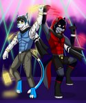 anthro dancing duo glowsticking glowstringing male muscular rave dregna canid canine canis felid mammal pantherine wolf hi_res