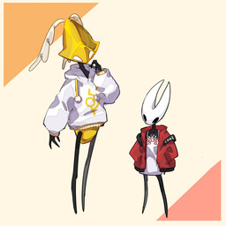 2_horns ambiguous_gender biped black_body black_eyes clothed clothing duo empty_eyes fingers hand_in_pocket hoodie horn jacket pockets red_clothing standing topwear white_clothing white_eyes white_hoodie white_topwear yellow_body oxide_cat hollow_knight:_silksong hollow_knight_(franchise) team_cherry hornet_(hollow_knight) second_sentinel arthropod 1:1 2025 hi_res female_(lore)