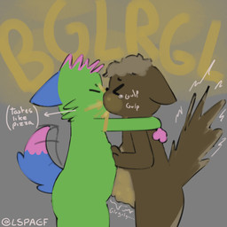 >_< ambiguous_gender anthro burp_fetish burp_kissing burping burping_in_mouth duo eyes_closed facial_markings green_body grey_background head_markings hug male markings motion_lines multicolored_body onomatopoeia rumbling_stomach simple_background sound_effects swallowing tail tail_motion tailwag tear_(marking) text two_tone_body lspagf kevin_(nyanwolf) canid canine mammal 1:1 absurd_res hi_res