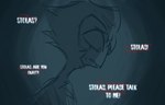 2022 anthro avian bird blitzo_(helluva_boss) blue_background helluva_boss hi_res looking_down male owl owl_demon panicking red_text scared simple_background solo stolas_(helluva_boss) teathekook text traumatized white_text