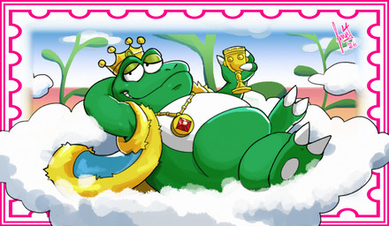 anthro cloak cloak_only clothed clothing cloud container crown crown_only cup goblet headgear headgear_only jewelry laid_back looking_at_viewer male mostly_nude necklace necklace_only nude on_cloud overweight overweight_anthro overweight_male partially_clothed sky skyscape smile smiling_at_viewer solo shtarfish mario_bros nintendo wart_(mario) amphibian frog hi_res