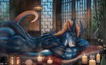 2017 aaros amazing_background anthro back_muscles bamboo bare_back bath bathhouse blue_body brown_eyes brown_hair butt candle cheek_tuft crossed_arms day detailed detailed_background dragon facial_tuft fire gloves_(marking) hair hi_res horn inside lamp lantern long_ears long_tail looking_aside looking_at_viewer lying male mane mane_hair markings muscular muscular_anthro muscular_male mythological_creature mythological_scalie mythology nude on_front scalie seductive side_view smile smoke solo spa tail teryx_commodore tuft vase white_body window