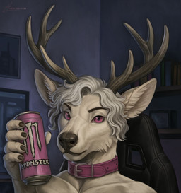2_horns 5_fingers anthro antlers beverage beverage_can black_horn black_lips black_nails black_nose can chair cheek_tuft collar colored_nails computer container detailed_background electronics energy_drink eyebrows facial_tuft fingers fur furniture gaming_chair glistening glistening_eyes grey_hair hair holding_container holding_object horn hyper_realistic inner_ear_fluff inside lips looking_at_viewer male male_anthro monitor monotone_body monotone_fur nails pink_eyes purple_collar sitting solo technology text tuft white_body white_fur conditional_dnp kiras_arkaneks monster_energy gooddeer deer mammal new_world_deer reindeer bust_portrait detailed digital_drawing_(artwork) digital_media_(artwork) digital_painting_(artwork) english_text hi_res painting_(artwork) portrait signature
