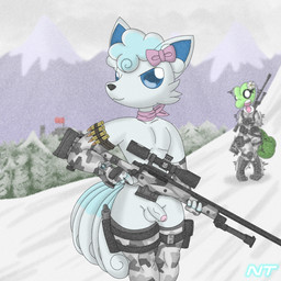 accessory anthro anthrofied arm_warmers armwear blue_eyes bottomless bow_ribbon bullet camo camo_clothing camo_print clock clothed clothing cold genitals gun hair hair_accessory hair_bow hair_ribbon head_tuft holding_gun holding_object holding_ranged_weapon holding_weapon holster humanoid_genitalia humanoid_penis legwear male mostly_nude mountain multi_tail outside partially_clothed pattern_clothing penis plant pokemorph ranged_weapon ribbons rifle scarf shaking shivering sniper sniper_rifle snow snowing solo stockings tail topless tree tuft watch weapon white_body winter winter_clothing ninjatreecko nintendo pokemon aurora_ledekova background_character fan_character fern_shinamori alolan_form alolan_vulpix canid generation_3_pokemon generation_7_pokemon mammal pokemon_(species) regional_form_(pokemon) treecko 1:1 hi_res