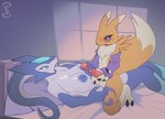 anthro areola armwear bed big_breasts blue_eyes blush bodily_fluids breasts chest_fur claws clothing cum cum_in_mouth cum_inside cum_on_body cum_on_breasts digiphilia duo ejaculation elbow_gloves eye_contact fangs female fur furniture genital_fluids genitals gloves handwear interspecies kneeling knot knotted_penis living_tail looking_at_another looking_at_partner lying male male/female masturbation multicolored_body night on_back on_bed open_mouth penis penis_grab pillow pupils purple_areola rubbing rubbing_penis simple_background sitting_on_another sitting_on_partner slit_pupils tail tail_head teeth thick_tail thick_thighs unusual_anatomy unusual_tail white_body yellow_body yellow_fur yin_yang quinto bandai_namco digimon rasha ambiguous_species digimon_(species) renamon unknown_species 2025 absurd_res digital_media_(artwork) hi_res