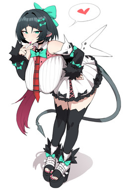 absolute_territory accessory armwear bare_shoulders bent_over big_breasts black_clothing black_hair black_legwear black_thigh_highs bow_ribbon bow_tie breasts clothing colored_nails detached_sleeves dress ear_piercing female gesture green_bow green_bow_tie green_eyes hair hair_accessory hair_bow hair_ribbon hand_gesture hand_on_hip hanging_breasts heart_symbol huge_breasts leaning leaning_forward legwear long_hair looking_at_viewer nails necktie piercing platform_footwear red_nails red_necktie ribbons simple_background smile smiling_at_viewer solo tail thigh_highs v_sign white_background white_clothing white_dress xipa_(artist) mihoyo zenless_zone_zero jane_doe_(zenless_zone_zero) animal_humanoid humanoid mammal mammal_humanoid murid murid_humanoid murine murine_humanoid rat_humanoid rodent rodent_humanoid thiren 2:3 absurd_res digital_drawing_(artwork) digital_media_(artwork) full-length_portrait hi_res portrait