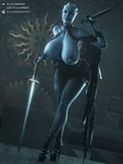 areola big_breasts big_butt blue_body breasts butt clothing corset dagger female footwear high_heels huge_breasts lingerie lips looking_at_viewer melee_weapon nipples pseudo_hair puffy_nipples shoes solo sword tentacle_hair tentacles thick_thighs topwear weapon wide_hips plague_of_humanity_(artist) bioware electronic_arts mass_effect liara_t'soni alien asari humanoid 3:4 3d_(artwork) absurd_res digital_media_(artwork) hi_res