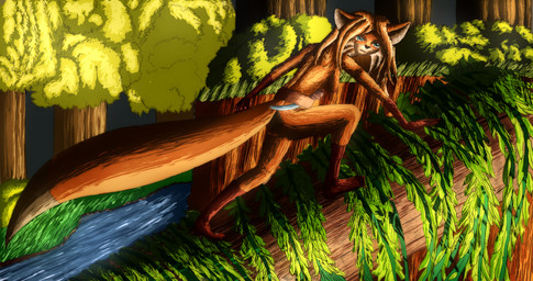 5_fingers anthro areola barely_visible_nipples belt belt_only breasts butt casual_nudity female fingers forest forest_background fur hair jungle knife looking_at_viewer nature nature_background nipples nude outside plant solo tail tree tribal cat-behemot_(artist) yu_(cat-behemot) canid canine fox mammal 2026 256:135 4k absurd_res digital_media_(artwork) hi_res shaded widescreen