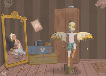 3_fingers 4_fingers anthro attic bdsm beak bent_legs blood blue_pupils bodily_fluids bondage bottomwear bound breasts captured chain chained claws clothing costume detailed_background duo feathers female fingers fursuit hair male male/female mirror mirror_selfie multicolored_hair nipples nosebleed nude orange_body orange_feathers prisoner pupils selfie shorts skinny toe_claws torture towel towel_only yellow_eyes fluffy_void avian bird human mammal hi_res
