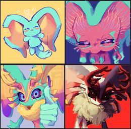 ambiguous_gender anthro antlers bar_emanata big_ears biped bipedal_feral black_sclera blue_background blush blush_lines blush_stickers chest_tuft colored_nails countershade_torso countershading death_glare emanata eyes_closed feral fingernails fluffy fluffy_tail fur gesture grey_background group hand_gesture happy head_wings heart_symbol horn huge_wings looking_at_viewer mouthless multicolored_body multicolored_eyes multicolored_fur nails narrowed_eyes neck_tuft notched_ear orange_body orange_fur pink_eyes pupils purple_fingernails purple_nails purple_sclera red_background red_body red_fur semi-anthro simple_background tail tan_body tan_fur teal_body teal_eyes teal_fur thumbs_up tuft unusual_wing_placement white_body white_fur white_pupils wings yellow_background kamabokobun kirby_(series) kirby_and_the_forgotten_land nintendo chaos_elfilis elfilin fecto_elfilis fecto_forgo alien chinchilla chinchillid mammal rodent starling_(kirby) 2024 digital_drawing_(artwork) digital_media_(artwork) english_description full-length_portrait half-length_portrait hi_res multiple_images portrait signature three-quarter_portrait male_(lore)