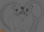 adolescent anthro breast_squish breasts duo eyebrows female female/female fur gesture glistening glistening_eyes holding_another looking_at_viewer love nipples raised_eyebrow raised_tail small_breasts smile squish tail tail_gesture tail_heart tails_touching young coffeekit disney the_lion_guard the_lion_king tiifu_(the_lion_guard) zuri_(the_lion_guard) felid lion mammal pantherine monochrome