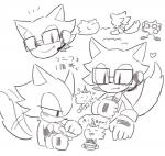 anthro belt birthday blush cake cute_fangs cutlery dessert duo eating electronics eyewear fangs food glasses headgear headphones headset kitchen_utensils male simple_background sitting smile spoon tail tail_motion tailwag teeth text tools white_background buke3jp sega sonic_forces sonic_the_hedgehog_(series) custom_character_(sonic_forces) gadget_the_wolf sonic_the_hedgehog canid canine canis eulipotyphlan hedgehog mammal wolf japanese_text sketch sketch_page