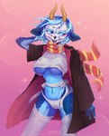 anthro big_breasts bone breasts cloak clothing female fur fur_markings horn markings scarf skull skull_head solo sanble illium_(mavis_delcat) bovid caprine goat mammal absurd_res hi_res