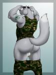 anthro backsack balls biceps big_butt big_muscles biped black_nose bottomwear bottomwear_down butt camo clothed clothing fur genitals grey_body grey_fur hat headgear headwear looking_at_viewer looking_back male military muscular muscular_anthro muscular_male pants pants_down partially_clothed rear_view simple_background solo standing tattoo undressing vamplust canid canine canis mammal wolf 2012 3:4 hi_res