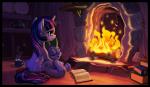 black_border book border cutie_mark detailed_background duo female feral fire fireplace hair horn hug inside sleeping tail harwick friendship_is_magic hasbro my_little_pony mythology spike_(mlp) twilight_sparkle_(mlp) dragon equid equine mammal mythological_creature mythological_equine mythological_scalie scalie unicorn 2019 hi_res