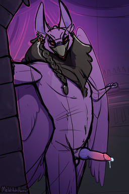 animal_genitalia anthro balls beak black_body black_fur bodily_fluids braided_hair ear_piercing ear_ring erection feathered_wings feathers fur genital_fluids genitals gradient_penis hair looking_at_viewer male male_anthro nude nude_anthro nude_male open_mouth penis piercing pink_penis precum precum_string purple_body purple_feathers purple_fur purple_penis red_eyes ring_piercing sheath solo standing wings meldritchhorror mythology neopets lord_kass avian gryphon mythological_avian mythological_creature 2020 2:3 hi_res