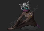 anthro bell bell_collar blue_eyes bottomwear claws clothed clothing collar decoration decorative_clothing earsup feet finger_claws fur glowing glowing_eyes grey_body grey_fur grey_hair hair hindpaw inner_ear_fluff loincloth loincloth_down loincloth_only male paws solo tail topless transparentclothes tuft strawberryliqueur greytail felid feline mammal absurd_res digital_media_(artwork) hi_res