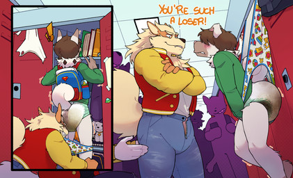 5_fingers ageplay anthro anthrofied assisted_exposure baby_bottle backpack black_nose blush bodily_fluids bottomwear briefs brown_hair bully bullying clothed clothing covered_eyes diaper duo_focus feces fingers folded_diaper fur genital_fluids group hair humiliation imminent_humiliation infantilism locker orange_body orange_fur orange_text pacifier pants pantsing pattern_briefs plushie public public_humiliation raised_tail roleplay sharp_teeth silhouette soiled_diaper soiling superman_logo tail teeth text unclean_diaper underwear urine used_diaper wearing_diaper wedgie wet_diaper amomon nintendo pokemon rockyrockytakano arcanine canid canine canis domestic_dog generation_1_pokemon generation_7_pokemon mammal pokemon_(species) rockruff 2025 english_text hi_res