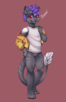 4_toes adolescent adolescent_anthro andromorph andromorph_anthro anthro backpack barefoot biped black_claws black_eyebrows bottomless bottomless_andromorph bottomless_anthro bottomless_intersex casual_exposure cheek_tuft claws clitoris closed_smile clothed clothed_andromorph clothed_anthro clothed_intersex clothing eyebrow_through_hair eyebrows facial_tuft fangs feet finger_claws freckled_face freckles front_view fur fur_markings fur_tuft genitals glistening glistening_eyes green_backpack grey_body grey_fur grey_markings grey_nose grey_stripes grey_tuft hair hair_between_eyes hand_on_hip hand_on_own_hip hip_markings humanoid_genitalia humanoid_hands humanoid_vulva intersex intersex_anthro iris jacket leg_markings long_tail looking_at_viewer markings mouth_closed off_shoulder pose pupils purple_hair purple_inner_ear red_background red_eyes shirt short_hair simple_background slim slim_andromorph slim_anthro slim_intersex smile smiling_at_viewer snaggle_teeth solo striped_body striped_fur striped_markings striped_tail stripes tail tail_markings tail_tuft tank_top teeth text toe_claws toes topwear translucent translucent_hair tuft vulva white_clothing white_sclera white_shirt white_tail_tuft white_tank_top white_text white_topwear white_tuft yellow_clothing yellow_jacket_(clothing) yellow_topwear young young_andromorph young_anthro young_intersex raineshadowpaw mythology nova_(bencoon) dragon felid feline furred_dragon furred_scalie hybrid mammal mythological_creature mythological_scalie scalie absurd_res artist_name colored full-length_portrait hi_res pinup portrait