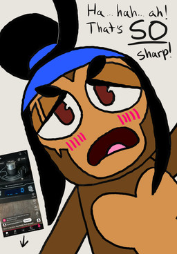 anthro black_hair blue_hairband blush blush_lines eye_scar facial_scar female hair maroon_eyes moan scar screencap solo text anonymous_artist bloons_tower_defense ninja_kiwi sauda_(bloons) haplorhine mammal monkey primate digital_drawing_(artwork) digital_media_(artwork) hi_res