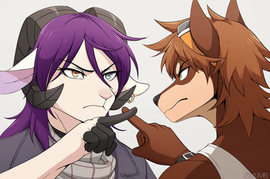 anthro black_horn blue_eyes boop brown_body brown_ears brown_fur brown_hair clothed clothing curved_horn duo ear_piercing ear_ring eye_contact eyewear eyewear_on_head fingers frown frowning_at_another frowning_at_partner fur furrowed_eyebrows gesture gloves goggles goggles_on_head grey_clothing grey_topwear hair hand_gesture handwear heterochromia horizontal_pupils horn looking_at_another looking_at_partner narrowed_eyes nose_boop piercing pointing pupils purple_hair ring_piercing scarf shirt snout tank_top topwear white_body white_clothing white_fur white_topwear seyumei keith_(seyumei) sky_(seyumei) bovid canid canine canis caprine domestic_dog goat mammal animated