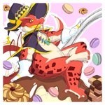 anthro biped candy chocolate clothing dessert food hat headgear headwear humanoid_hands pastries red_body sitting slightly_chubby solo wizard_hat tito_curmudgeon lifewonders tokyo_afterschool_summoners itzamna_(tas) iguana iguanid lizard reptile scalie 1:1 2022 absurd_res hi_res