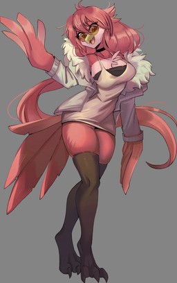 3_toes 4_fingers anthro bandeau beak big_breasts breasts chest_tuft clothed clothing dress eyebrows eyelashes eyewear feather_hands feathers feet female fingers fully_clothed grey_background hair jacket legwear lipstick long_hair makeup minidress non-mammal_breasts open_beak open_mouth open_smile red_body red_feathers red_hair simple_background smile solo standing stockings sunglasses tail tail_feathers thigh_highs toes topwear tuft wearing_sunglasses yellow_lipstick psibunny avian bird 2025 absurd_res digital_media_(artwork) hi_res