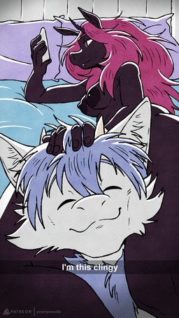 anthro bed breasts cellphone duo electronics fur furniture gynomorph hair hand_on_head holding_object holding_phone horn intersex intersex/male looking_at_object looking_at_phone lying male nipples on_bed phone selfie simple_background smartphone smile prismanoodle friendship_is_magic hasbro i'm_this_clingy my_little_pony mythology cloud_prism prisma_faerdo changeling_(mlp) dragon equid equine furred_dragon furred_scalie horse mammal mythological_creature mythological_equine mythological_scalie pony scalie absurd_res hi_res meme