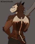 absurd_res anthro athletic athletic_male bottomwear brown_body brown_fur clothed clothing cosmic_noodle dark_souls digital_media_(artwork) dragon dragonoid_(dark_souls) fangs fromsoftware fur furgonomic_bottomwear furgonomics greatsword hand_on_hip hi_res holding_object holding_weapon horn looking_at_viewer looking_back looking_back_at_viewer male melee_weapon mythological_creature mythological_scalie mythology pants rear_view red_eyes scales scalie small_tail smile solo sword tail tan_body tan_scales teeth topless weapon white_sclera