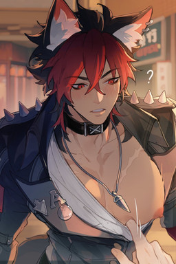choker clothing clothing_pull hair jewelry male muscular muscular_humanoid muscular_male necklace nipples pecs pulling_down_shirt red_hair g_mi_18 mihoyo zenless_zone_zero komano_manato animal_humanoid canid canid_humanoid canine canine_humanoid dog_humanoid humanoid mammal mammal_humanoid 2:3 hi_res