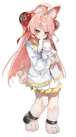 3_toes ahoge anklet anthro barefoot blush clothed clothed_anthro clothed_female clothing ear_piercing ear_ring feet female flat_chested fully_clothed fully_clothed_anthro fully_clothed_female fur hair holding_object holding_plushie inner_ear_fluff jewelry long_hair paws piercing pink_body pink_fur pink_hair plushie red_eyes ring_piercing scut_tail short_tail tail toes tuft norankkori mihoyo zenless_zone_zero zhao_(zenless_zone_zero) lagomorph leporid mammal rabbit thiren absurd_res hi_res