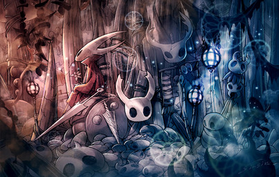 2_horns ambiguous_gender biped black_eyes bone cloak clothing corpse detailed_background duo flower glowing horn lamp lantern melee_weapon nail_(weapon) petals plant red_cloak red_clothing sitting skull weapon sinsin hollow_knight_(franchise) team_cherry hornet_(hollow_knight) the_knight_(hollow_knight) arthropod vessel_(species) 2025 color_contrast painting_(artwork) half_sister_(lore) sibling_(lore) sister_(lore)