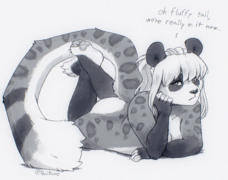 4_toes anthro bangs black_markings black_nose breasts butt claws dialogue dipstick_limbs eye_markings feet female fluffy fluffy_tail fur grey_body grey_fur hair lying markings nude on_front pawpads ponytail solo spots tail toes white_hair noviraine november_(noviraine) bear felid giant_panda hybrid mammal pantherine snow_leopard 2025 digital_media_(artwork) monochrome signature sketch trans_(lore)