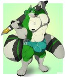 2018 4_toes 5_fingers abs absurd_res anthro areola biceps big_bulge big_feet big_muscles biped black_claws blep border bulge canid canine canis claws clothed clothing d-tail digital_drawing_(artwork) digital_media_(artwork) dog_tags feet finger_claws fingers fluffy fluffy_tail fountain_pen fur green_body green_eyes green_fur green_hair hair hi_res holding_object hybrid jewelry lemur looking_at_viewer male mammal mosin muscular muscular_anthro muscular_male muscular_thighs necklace nipples paws pecs plantigrade ponytail primate simple_background smile solo standing strepsirrhine tail teal_clothing teal_underwear toe_claws toes tongue tongue_out underwear underwear_only white_border wolf
