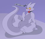 anthro beckoning blush female genitals gesture half-closed_eyes horn narrowed_eyes paws pupils pussy sitting slit_pupils solo tail text thick_tail thick_thighs tongue tongue_out wide_hips maynara kobold reptile scalie absurd_res english_text hi_res