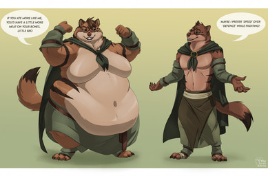 anthro belly big_belly brown_body brown_fur clothing comparing digitigrade duo fur huge_belly male moobs overweight overweight_male simple_background size_difference smile speech_bubble tail text thick_arms thick_thighs biglovealicia athdar baen_(nissandriver217) mammal mustelid 2021 digital_media_(artwork) english_text signature