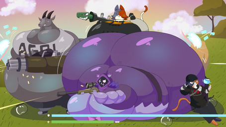 :3 anthro beanie belly big_belly big_breasts big_butt black_eyes blue_body blue_fur bottomwear breasts butt cleavage clenched_teeth clothed clothing cloud crop_top damage_numbers day denim denim_bottomwear denim_clothing detailed_background dot_eyes ear_piercing ear_tag emoticon female footwear fur gameplay_mechanics gatling_gun gloves grass grey_body grey_fur group gui gun handwear hat headgear headwear health_bar holding_minigun holding_object holding_potion holding_ranged_weapon holding_rocket_launcher holding_sniper_rifle holding_weapon hoodie horizontal_pupils horn huge_belly huge_breasts huge_butt hyper hyper_belly hyper_breasts hyper_butt jeans leaning leaning_backward leaning_on_another machine_gun minigun morbidly_obese morbidly_obese_anthro morbidly_obese_female motion_lines motion_outline narrowed_eyes navel obese obese_anthro obese_female one_eye_closed open_mouth orange_body orange_fur outside overweight overweight_anthro overweight_female pants parallel_speed_lines piercing plant potion potion_bottle pupils purple_body purple_fur ranged_weapon rifle rocket rocket_launcher scope shadow_face shield_bar shield_potion shirt shoes shrub simple_eyes sky sniper_rifle speed_lines tail teeth text text_on_clothing text_on_shirt text_on_topwear tongue tongue_out topwear torn_clothing torn_hoodie torn_topwear tree weapon white_body white_fur yellow_eyes adansin coffee_stain_studios epic_games fortnite goat_simulator cate_meowdy meow_skulls pilgor_(goat_simulator) raven_team_leader bear bovid calico_cat caprine domestic_cat felid feline felis goat mammal 16:9 2025 hi_res widescreen