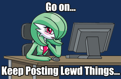 blush breasts chair computer computer_mouse dialogue electronics eyelashes female furniture green_body green_hair green_skin hair looking_at_viewer monitor not_furry open_mouth open_smile red_eyes simple_background sitting smile solo table teeth text tongue transparent_background white_body white_skin unknown_artist nintendo pokemon gardevoir generation_3_pokemon mammal pokemon_(species) alpha_channel english_text impact_(font)