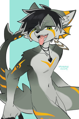 anthro ear_fins fin fur green_body green_eyes green_fur looking_at_viewer male sharp_teeth solo teeth tongue tongue_out kaltespur rick_marks aquatic canid canine fish fox hybrid mammal shark absurd_res hi_res