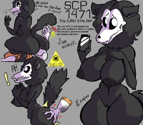 anthro areola arm_hair big_areola big_breasts big_butt big_nipples black_areola black_body black_fur black_nipples black_sclera body_hair bone breasts butt butt_grab butt_squish crouching dialogue disembodied_hand duo electronics exclamation_point faceless_character faceless_male facesitting female fur genitals grey_background hand_on_breast hand_on_butt holding_object holding_phone huge_areola huge_breasts huge_nipples male multiple_poses navel nipples nude phone pose rear_view sharp_teeth shocked side_boob side_view simple_background sitting sitting_on_another skull skull_head squish surprised teeth text thick_thighs vulva white_eyes wide_hips justcoffee scp_foundation scp-1471-a canid canine canis human mammal wolf absurd_res english_text hi_res