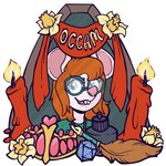 anthro buckteeth candle crown d20 daffodil_(flower) dice eyewear female flower glasses hair headgear long_hair loose_feather plant quill red_hair shrine smile solo teeth lucheek occam_(character) mammal mouse murid murine rodent 1:1 character_badge_(artwork) trans_(lore)