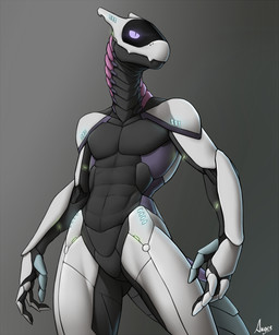 featureless_crotch gradient_background machine male muscular muscular_male pecs purple_eyes screen screen_face simple_background solo standing synthetic tail visor anges android robot synth_(vader-san) 5:6 digital_media_(artwork) hi_res shaded